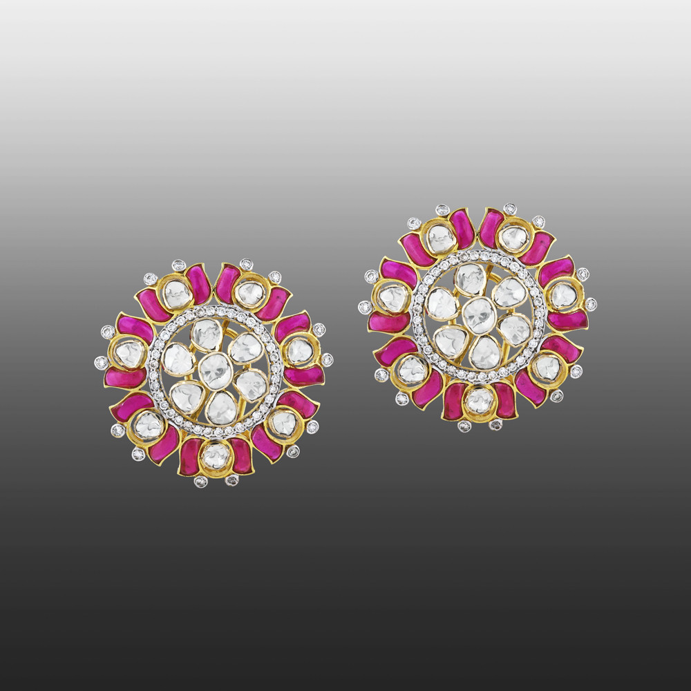 Lotus-Inspired Polki Earrings with Pink and Green Talaf